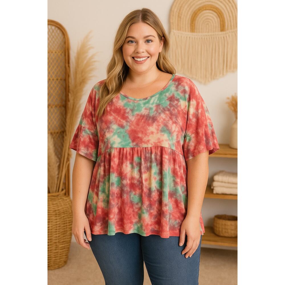 Chico Soul Babydoll Tie Dye Soft Stretchy Pink Green Boho Top Women’s 2X